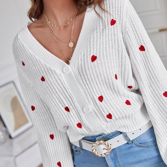 MODA ME COUTURE Sweaters - Heart Embroidered Bishop Sleeve knit Sweater Cardigan